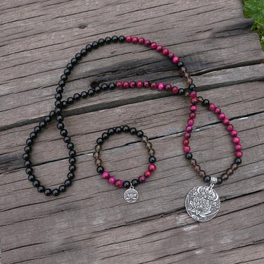 108 Rose Tiger's Eye And Onyx Beads Mala Lotus Pendant Necklace / Bracelet-Your Soul Place